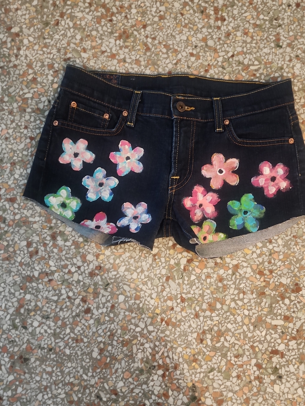Lucky Brand Dark Blue Denim Shorts with Hand-Painted Floral Design